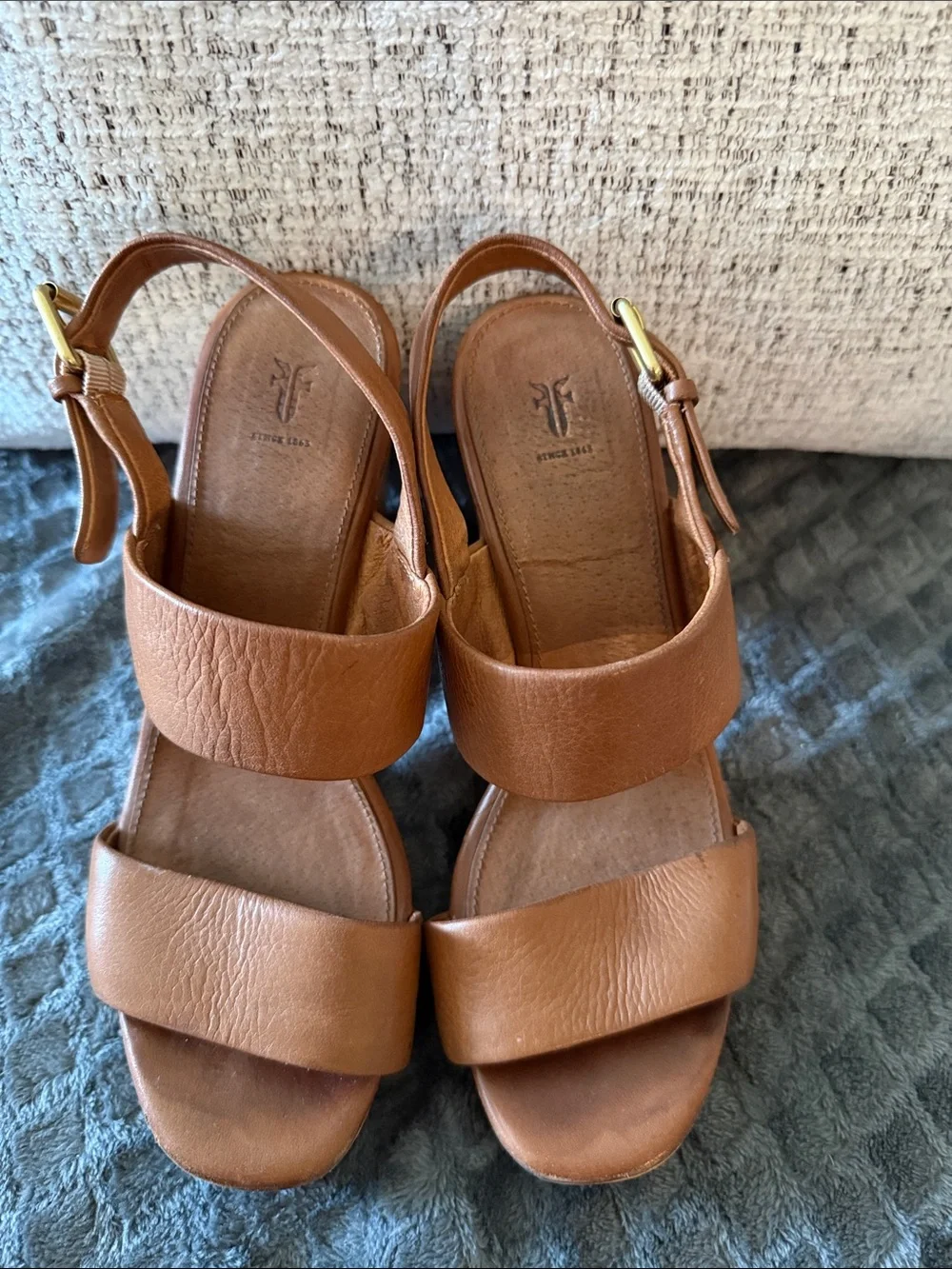 Frye Tan Leather Platform Wedge Sandals